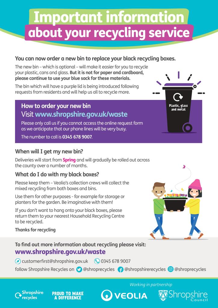 Poster from Shropshire Council giving details of how to apply for a recycling bin